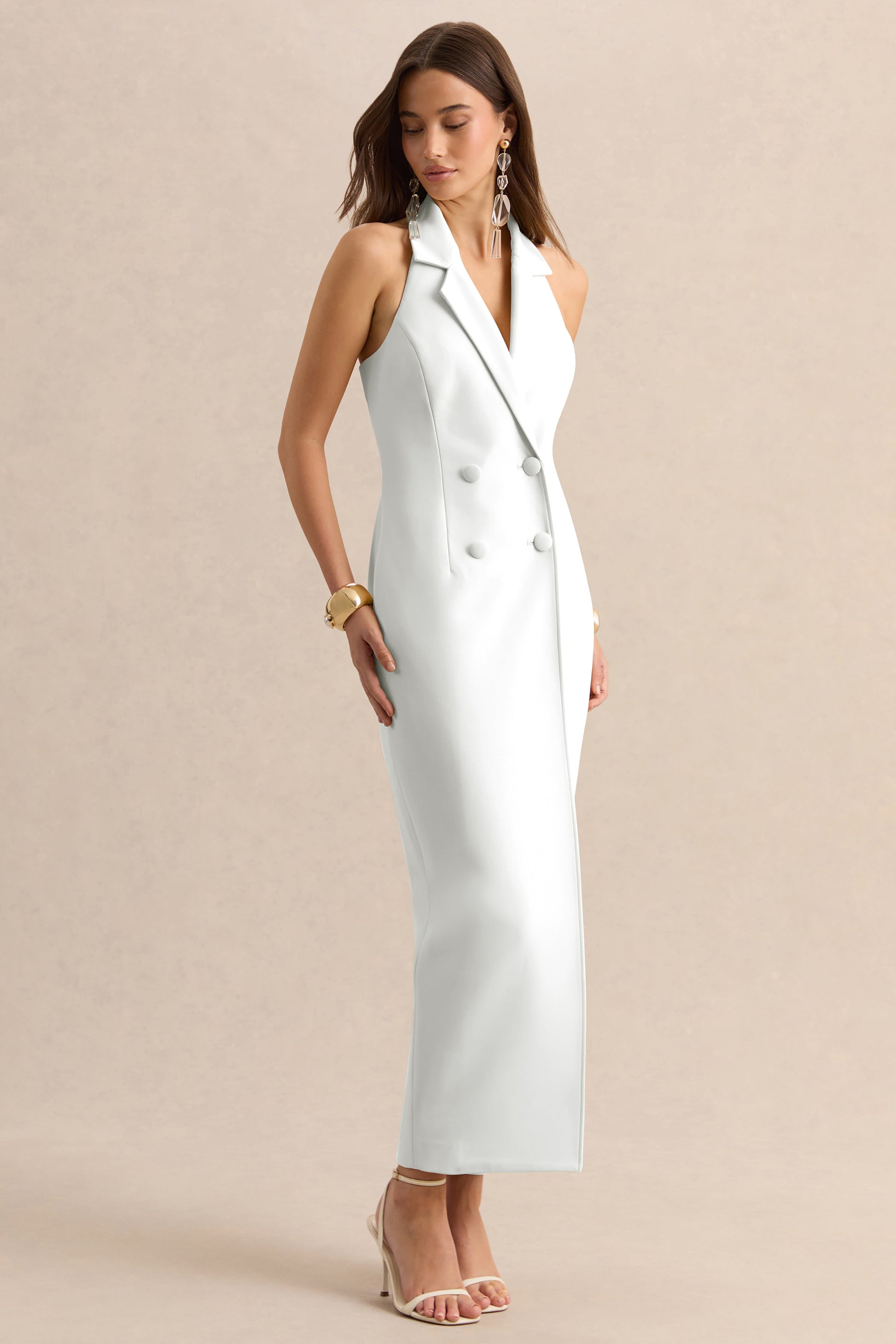 Hana | White Plunge-Neck Tailored Maxi Dress