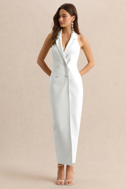 Hana | White Plunge-Neck Tailored Maxi Dress