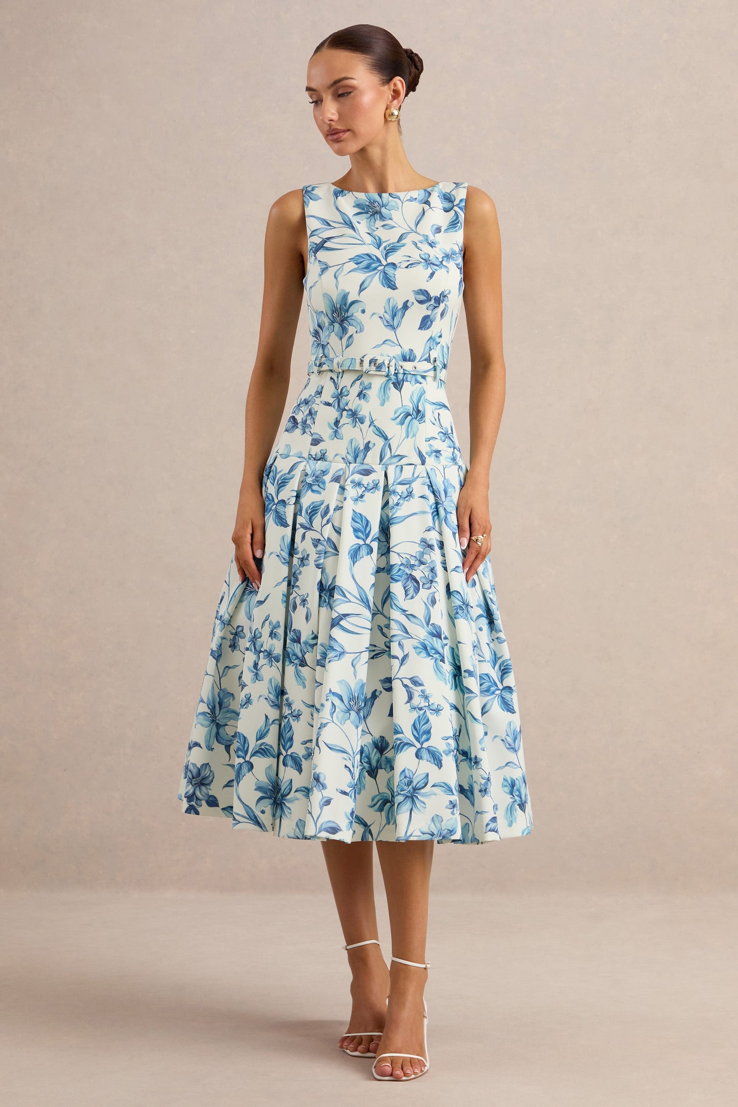 Sunnira | Blue Porcelain Print Boat-Neck Midi Dress With Drop-Waist