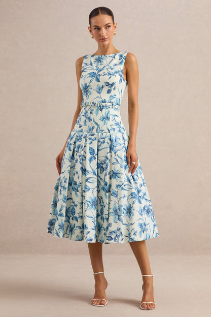 Sunnira | Blue Porcelain Print Boat-Neck Midi Dress With Drop-Waist