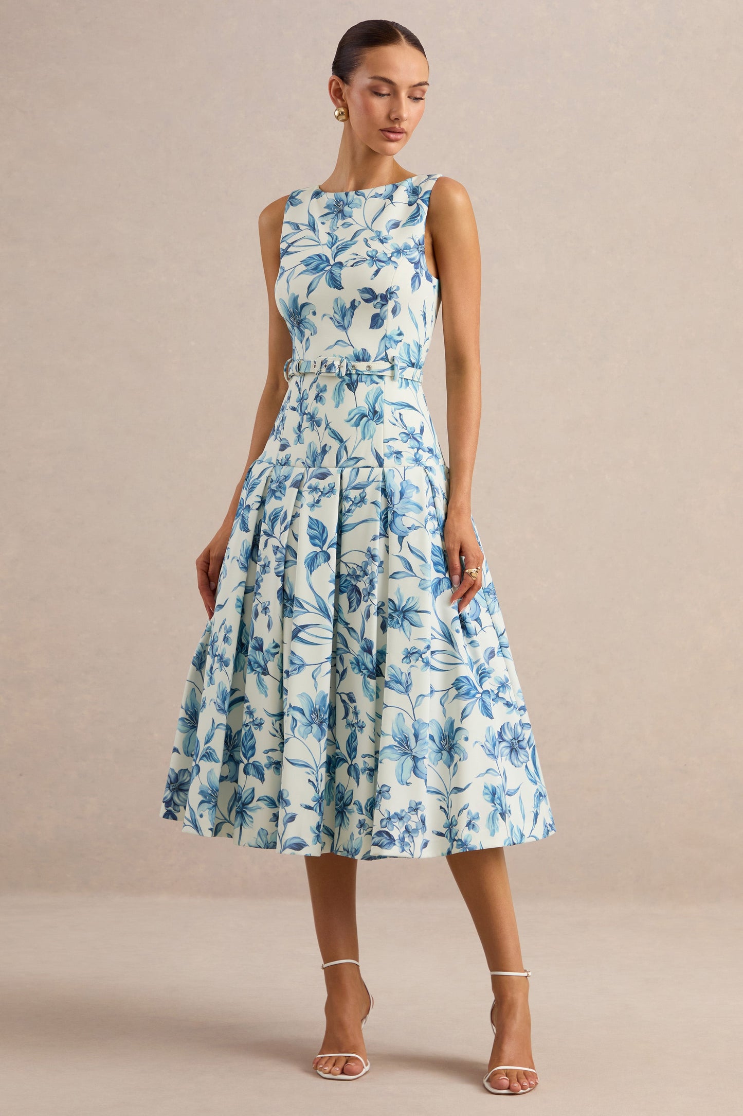 Sunnira | Blue Porcelain Print Boat-Neck Midi Dress With Drop-Waist