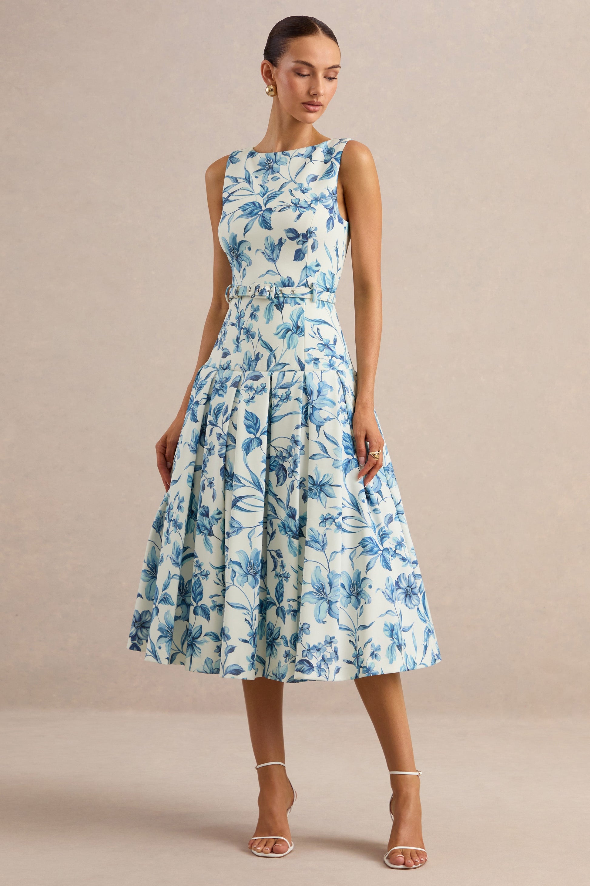Sunnira | Blue Porcelain Print Boat-Neck Midi Dress With Drop-Waist