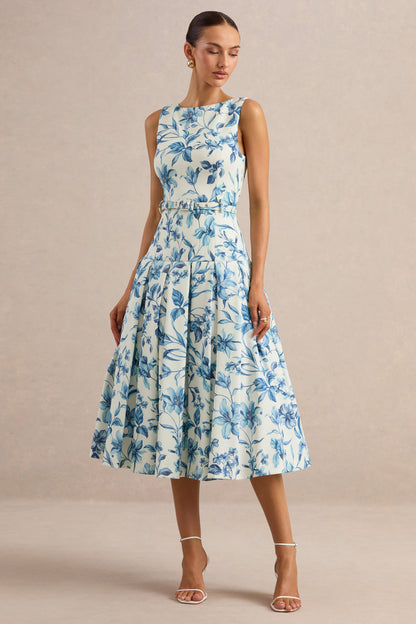Sunnira | Blue Porcelain Print Boat-Neck Midi Dress With Drop-Waist