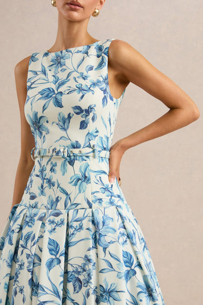 Sunnira | Blue Porcelain Print Boat-Neck Midi Dress With Drop-Waist