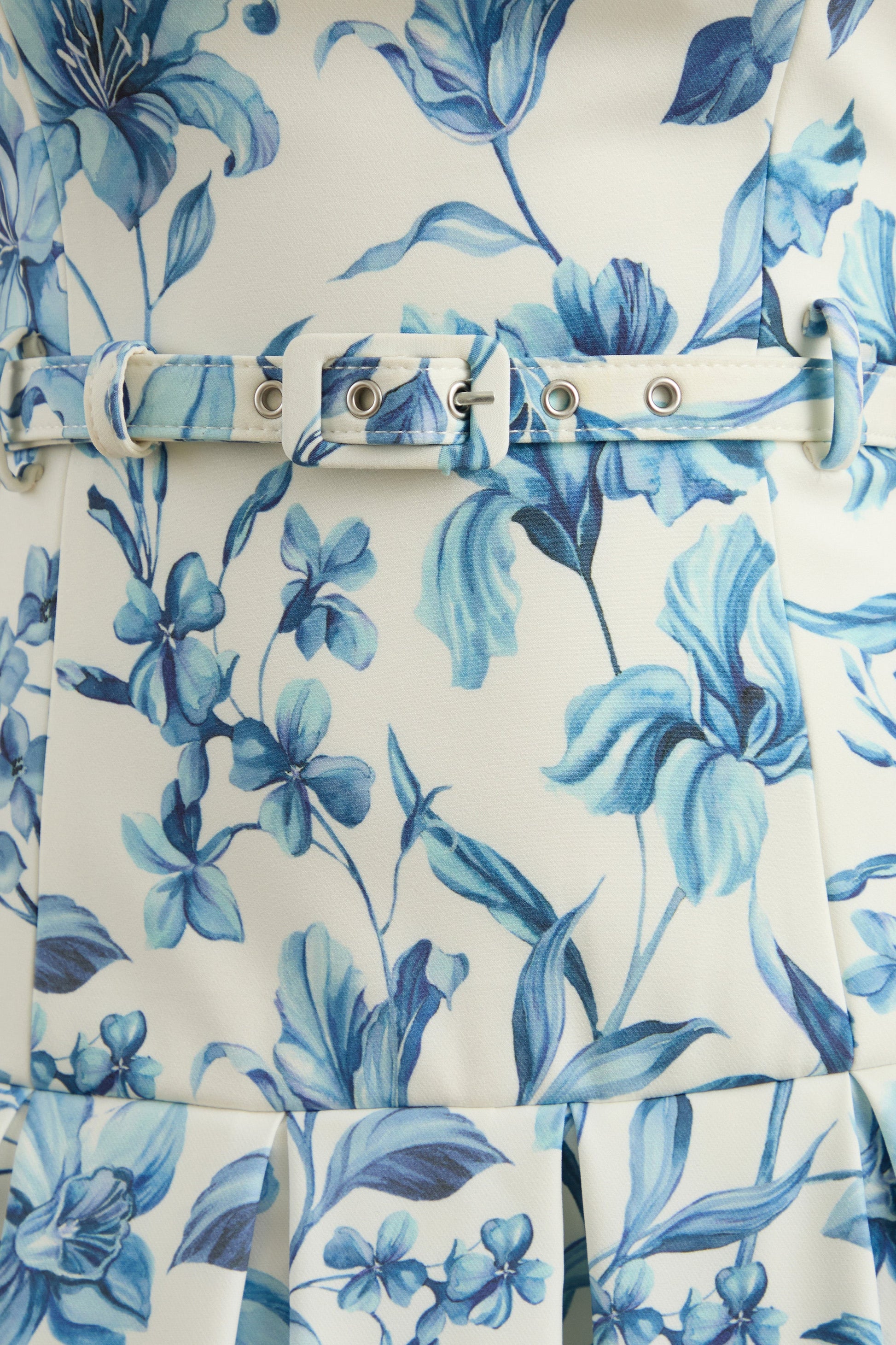 Sunnira | Blue Porcelain Print Boat-Neck Midi Dress With Drop-Waist