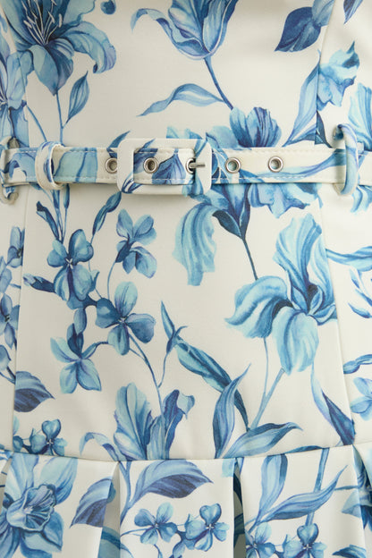 Sunnira | Blue Porcelain Print Boat-Neck Midi Dress With Drop-Waist