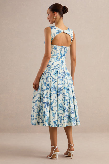 Sunnira | Blue Porcelain Print Boat-Neck Midi Dress With Drop-Waist