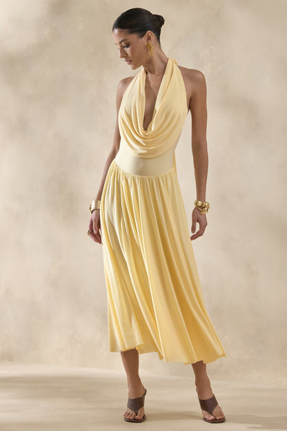 Veyra | Lemon Plunge Cowl-Neck Midi Dress