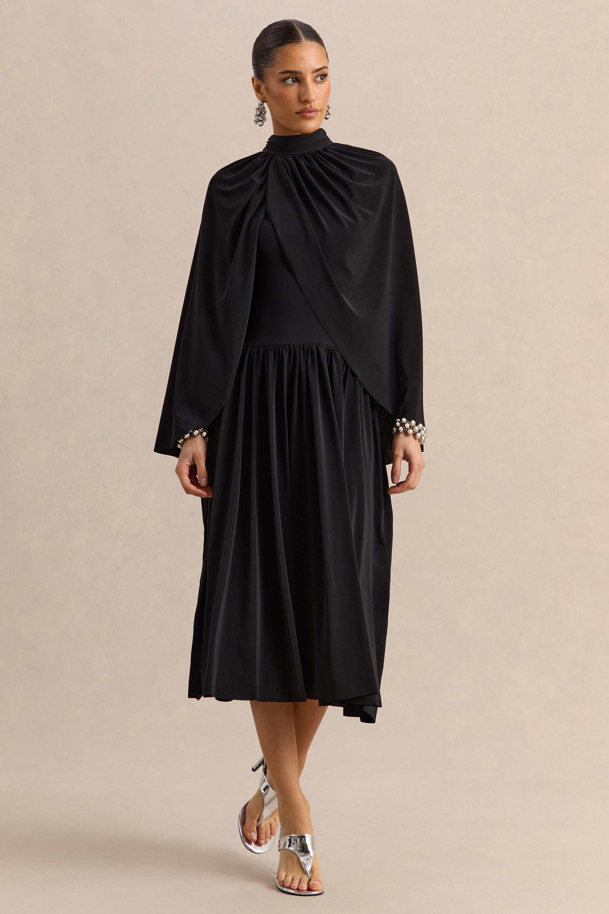 Honora | Black High-Neck Midi Dress With Cape-Sleeves