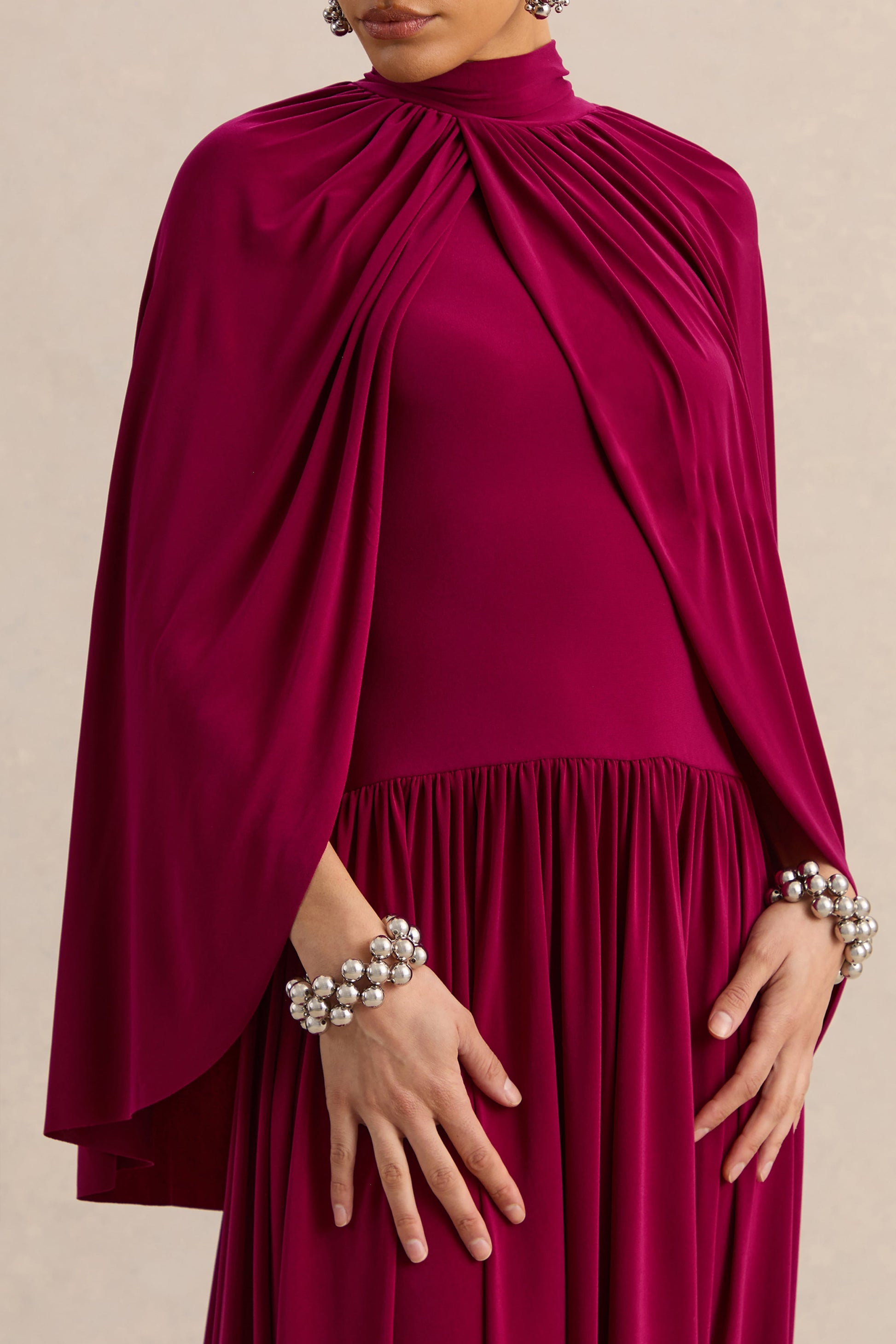 Honora | Burgundy High-Neck Midi Dress With Cape-Sleeves