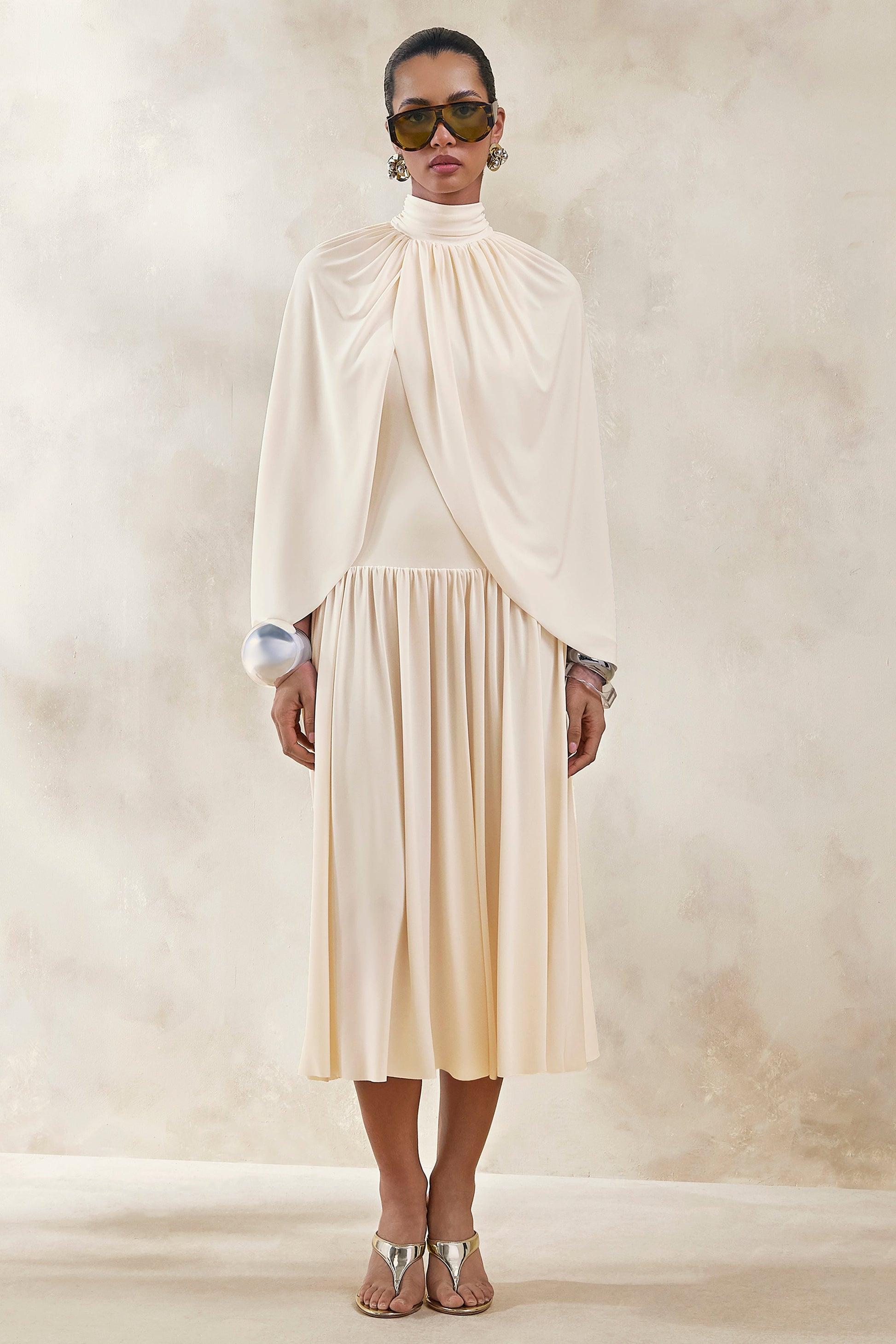 Honora | Cream High-Neck Midi Dress With Cape-Sleeves