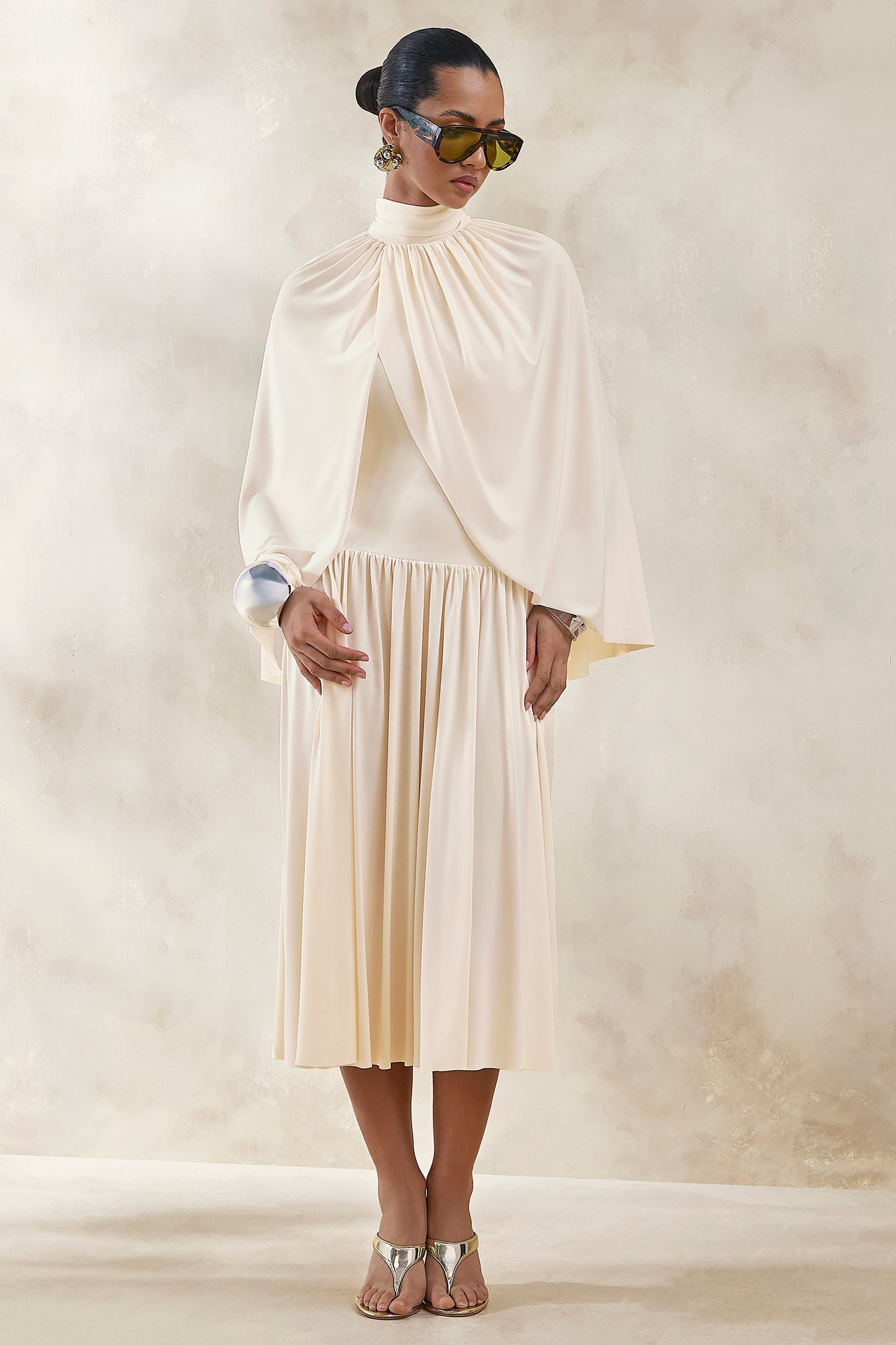 Honora | Cream High-Neck Midi Dress With Cape-Sleeves