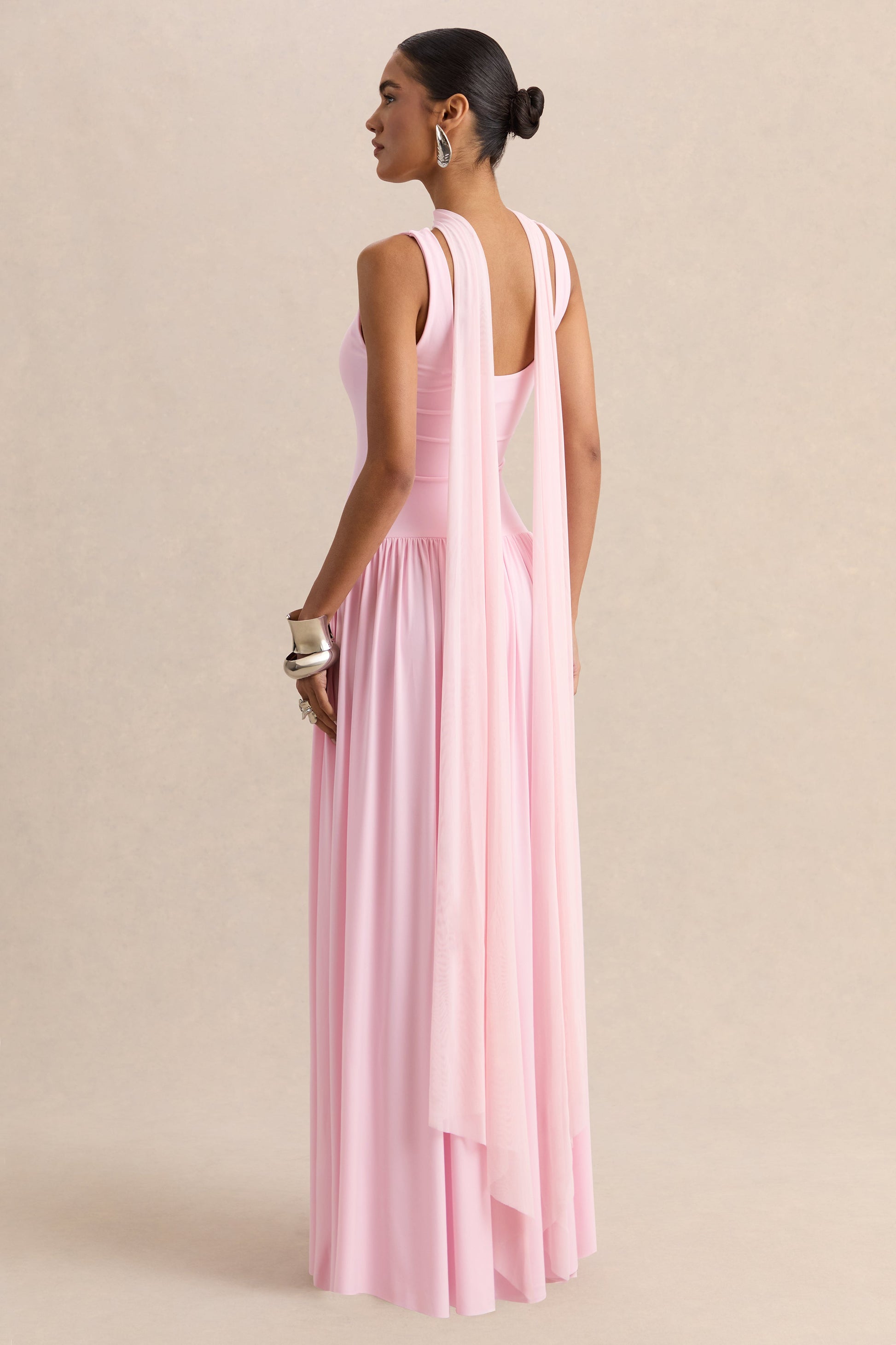 Aurina | Pink Square-Neck Maxi Dress With Scarf-Detail