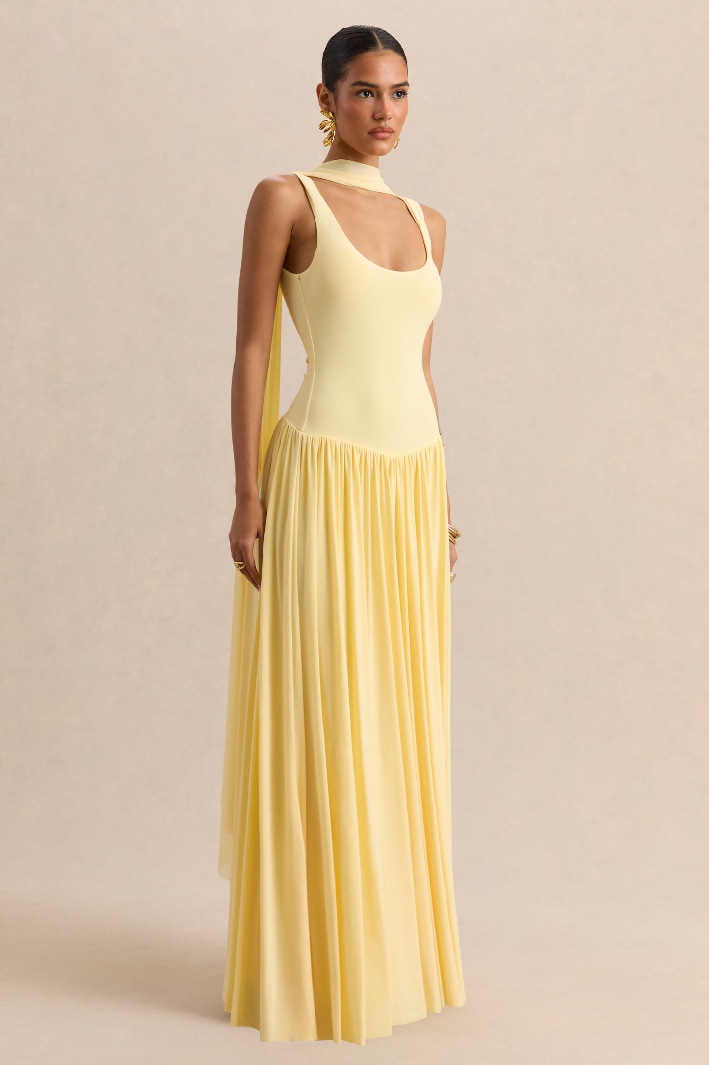 Aurina | Lemon Square-Neck Maxi Dress With Scarf-Detail