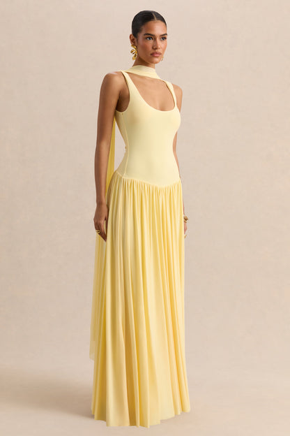 Aurina | Lemon Square-Neck Maxi Dress With Scarf-Detail