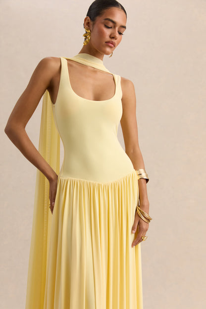 Aurina | Lemon Square-Neck Maxi Dress With Scarf-Detail