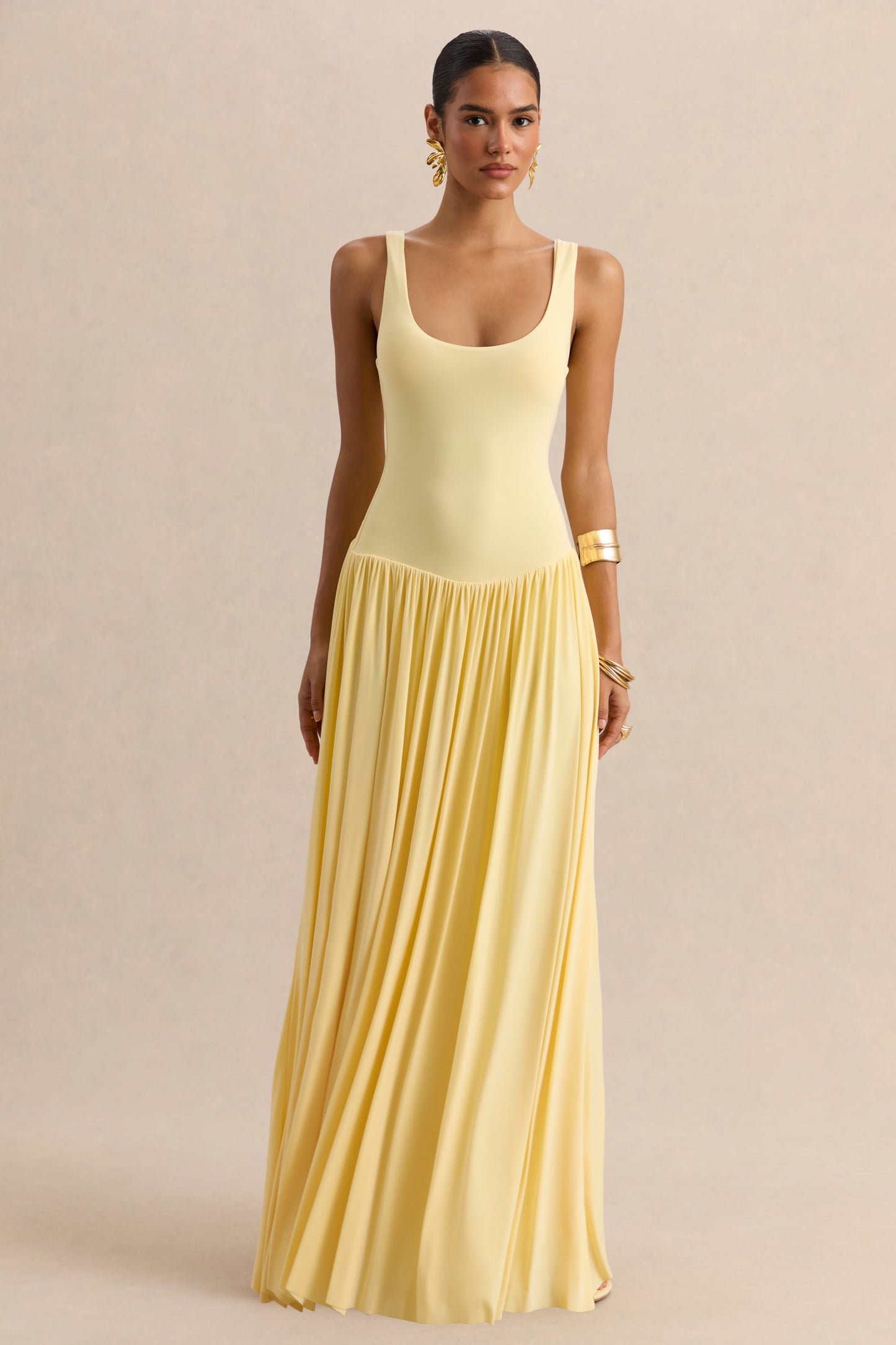 Aurina | Lemon Square-Neck Maxi Dress With Scarf-Detail