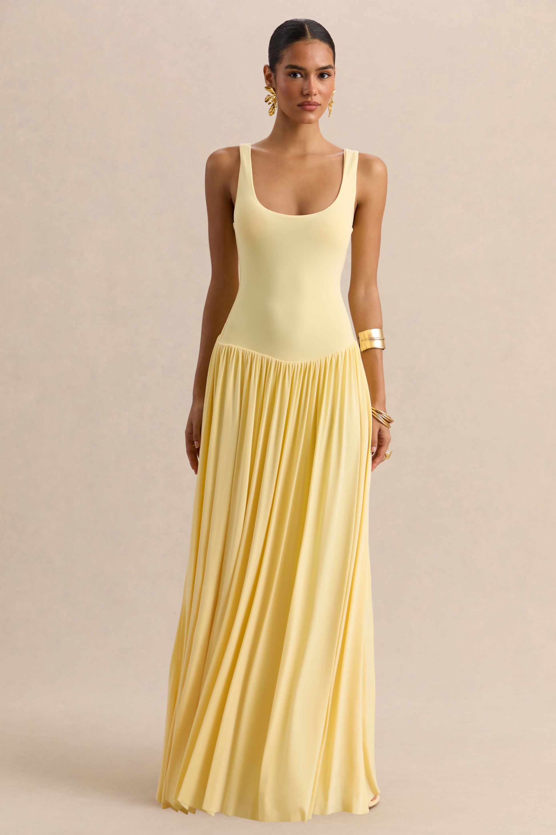 Aurina | Lemon Square-Neck Maxi Dress With Scarf-Detail