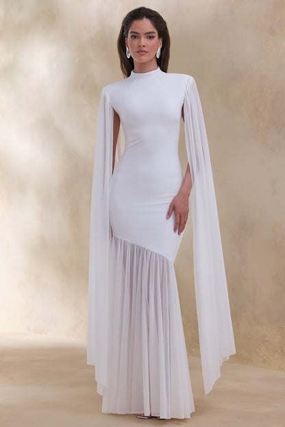 Chantelle | White High-Neck Maxi Dress With Drop-Waist And Cape-Sleeves