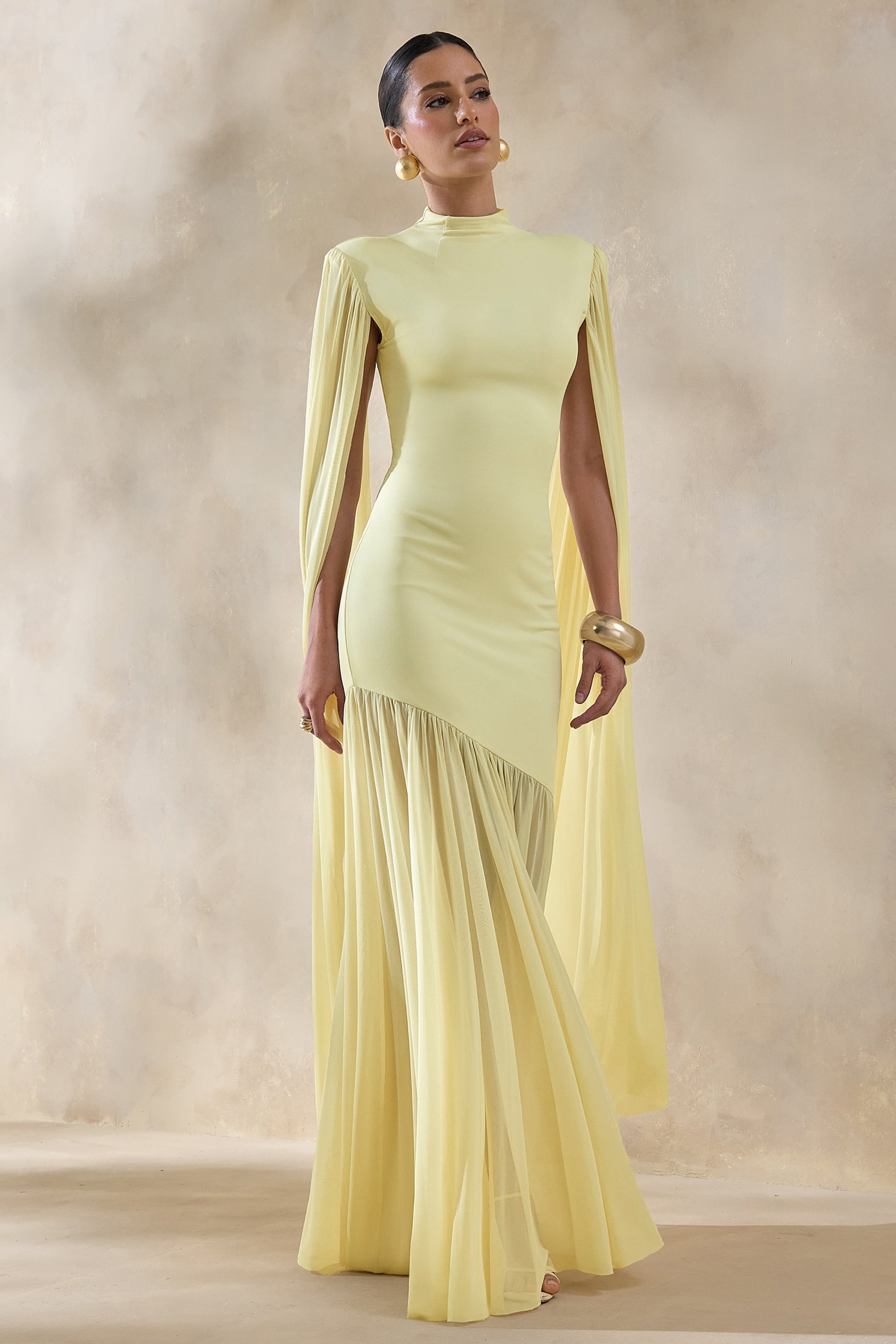 Chantelle | Lemon High-Neck Maxi Dress With Drop-Waist And Cape-Sleeves