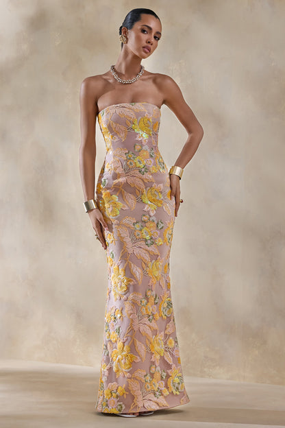Severn | Yellow Embellished Floral Bandeau Maxi Dress