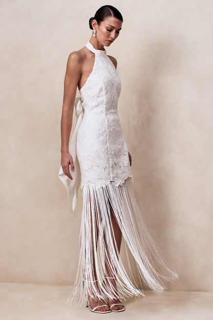 Skylar | White Lace Halter-Neck Maxi Dress With Open-Back And Bow Detail
