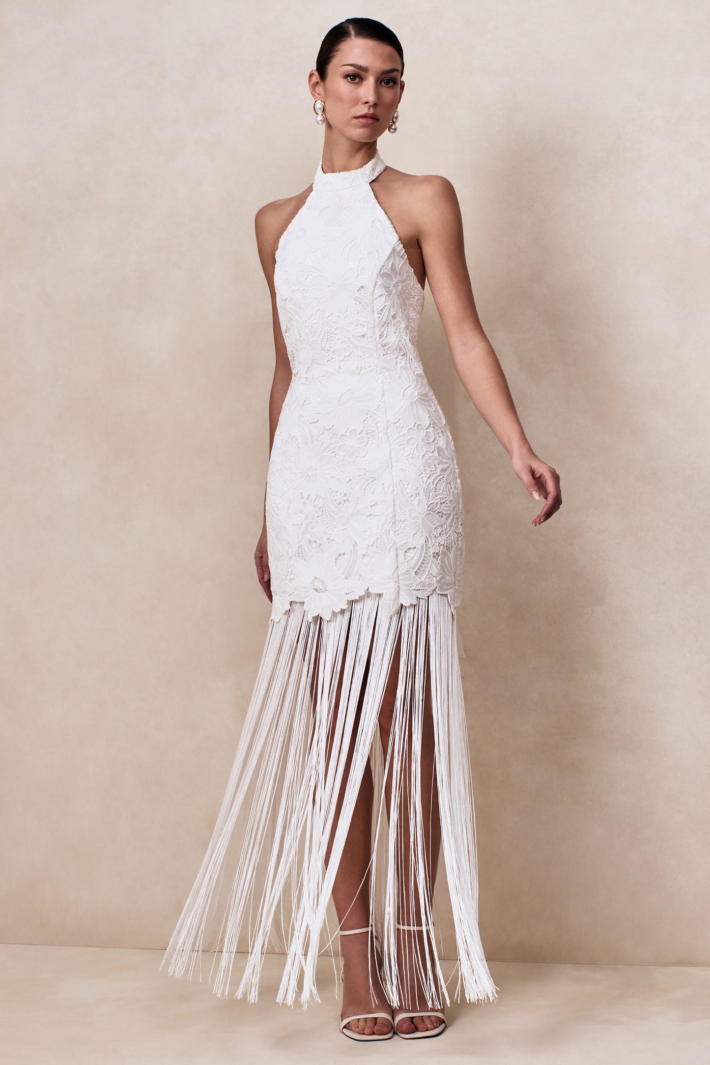 Skylar | White Lace Halter-Neck Maxi Dress With Open-Back And Bow Detail
