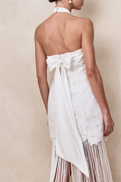 Skylar | White Lace Halter-Neck Maxi Dress With Open-Back And Bow Detail
