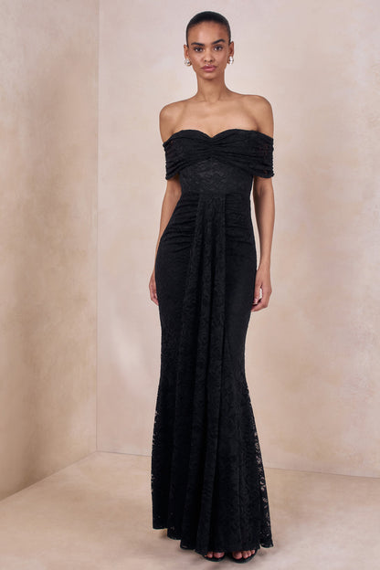 Aries | Black Lace Bardot-Neck Maxi Dress With Gathered Detailing