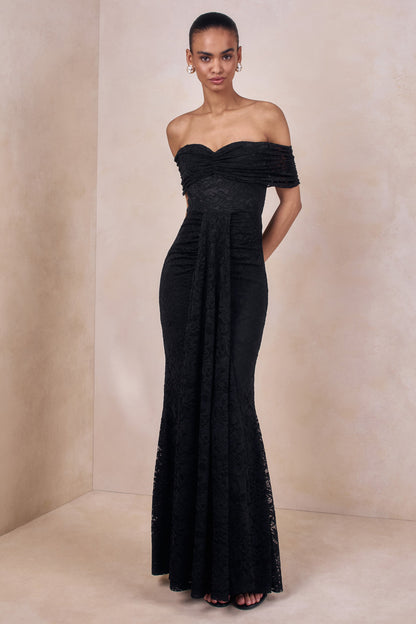 Aries | Black Lace Bardot-Neck Maxi Dress With Gathered Detailing