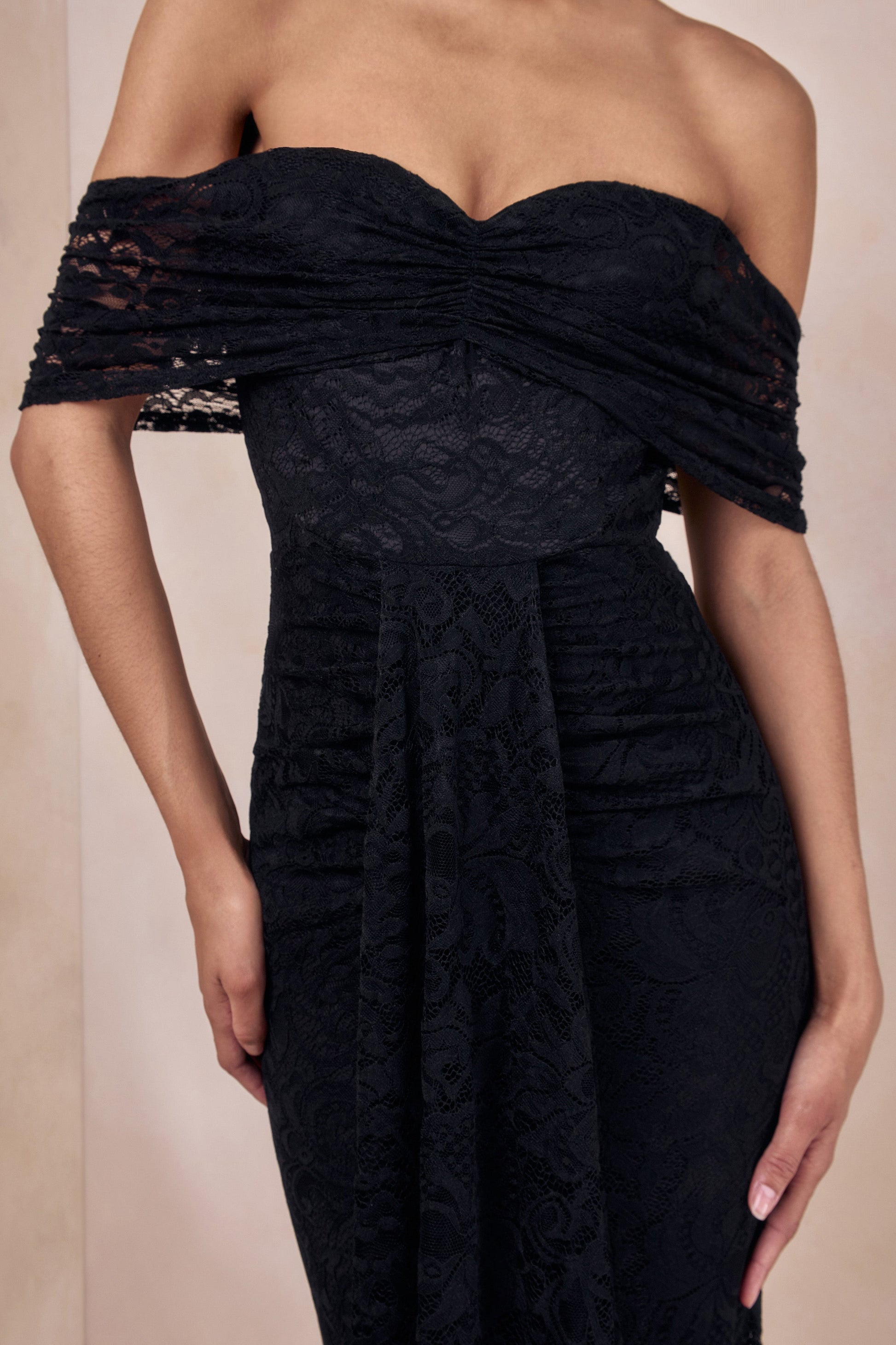 Aries | Black Lace Bardot-Neck Maxi Dress With Gathered Detailing