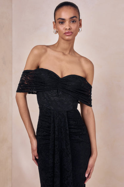 Aries | Black Lace Bardot-Neck Maxi Dress With Gathered Detailing