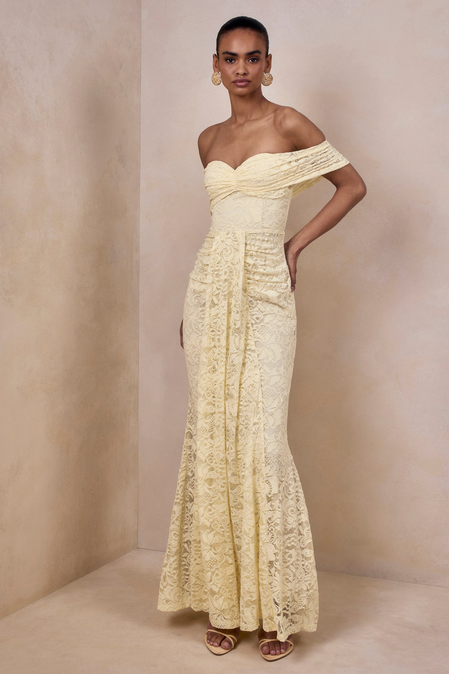 Aries | Lemon Lace Bardot-Neck Maxi Dress With Gathered Detailing