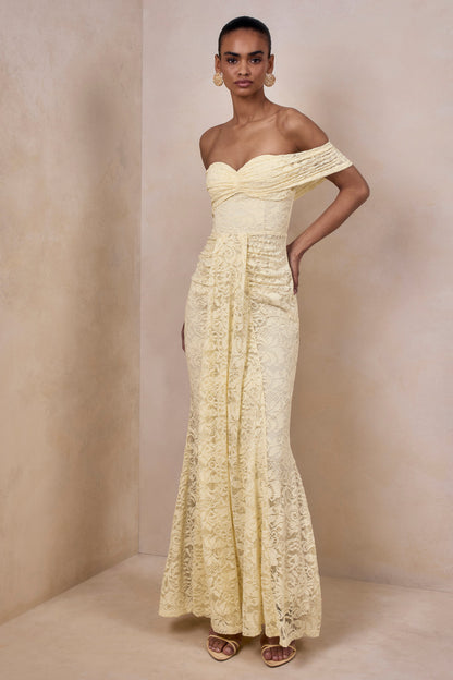 Aries | Lemon Lace Bardot-Neck Maxi Dress With Gathered Detailing
