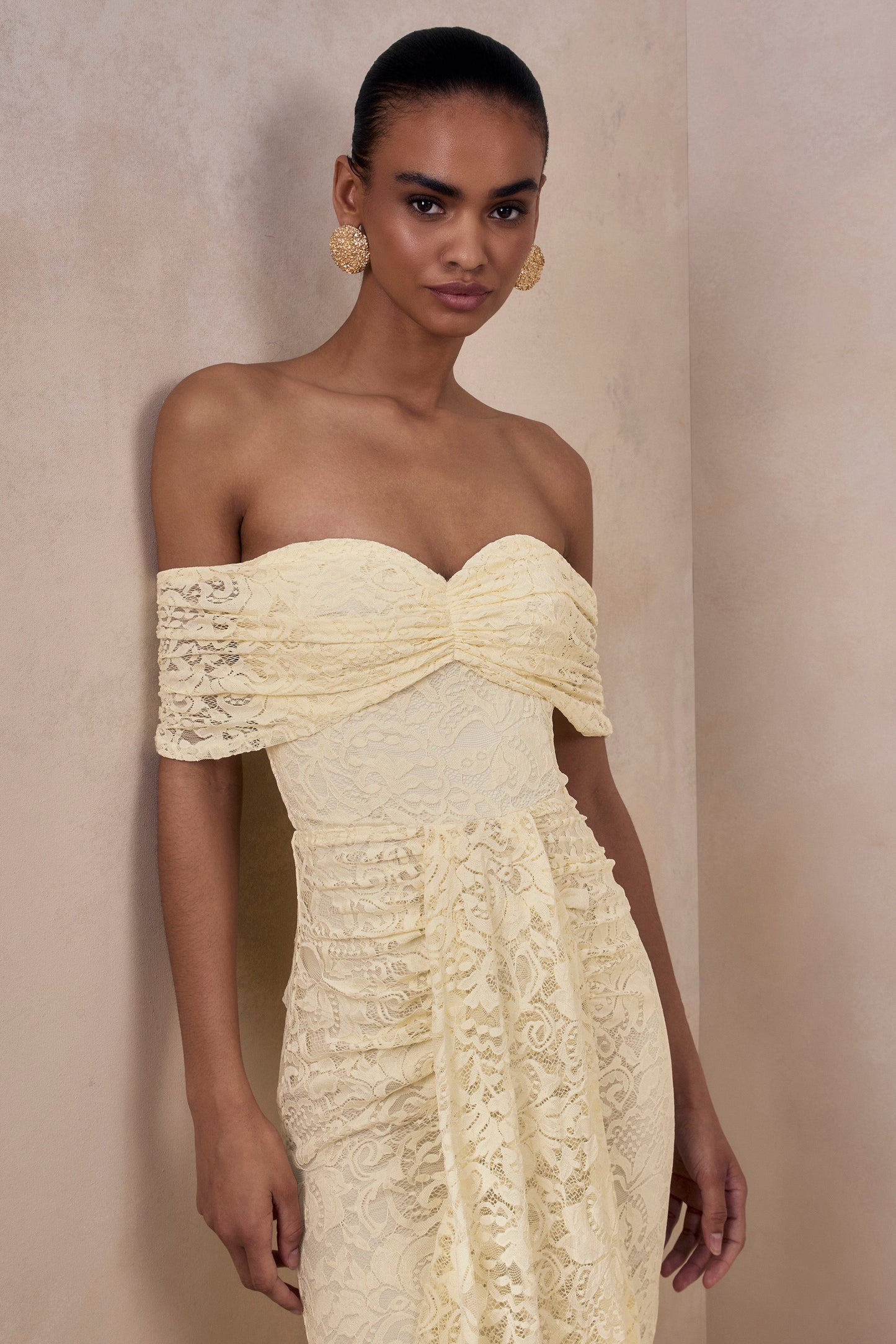 Aries | Lemon Lace Bardot-Neck Maxi Dress With Gathered Detailing