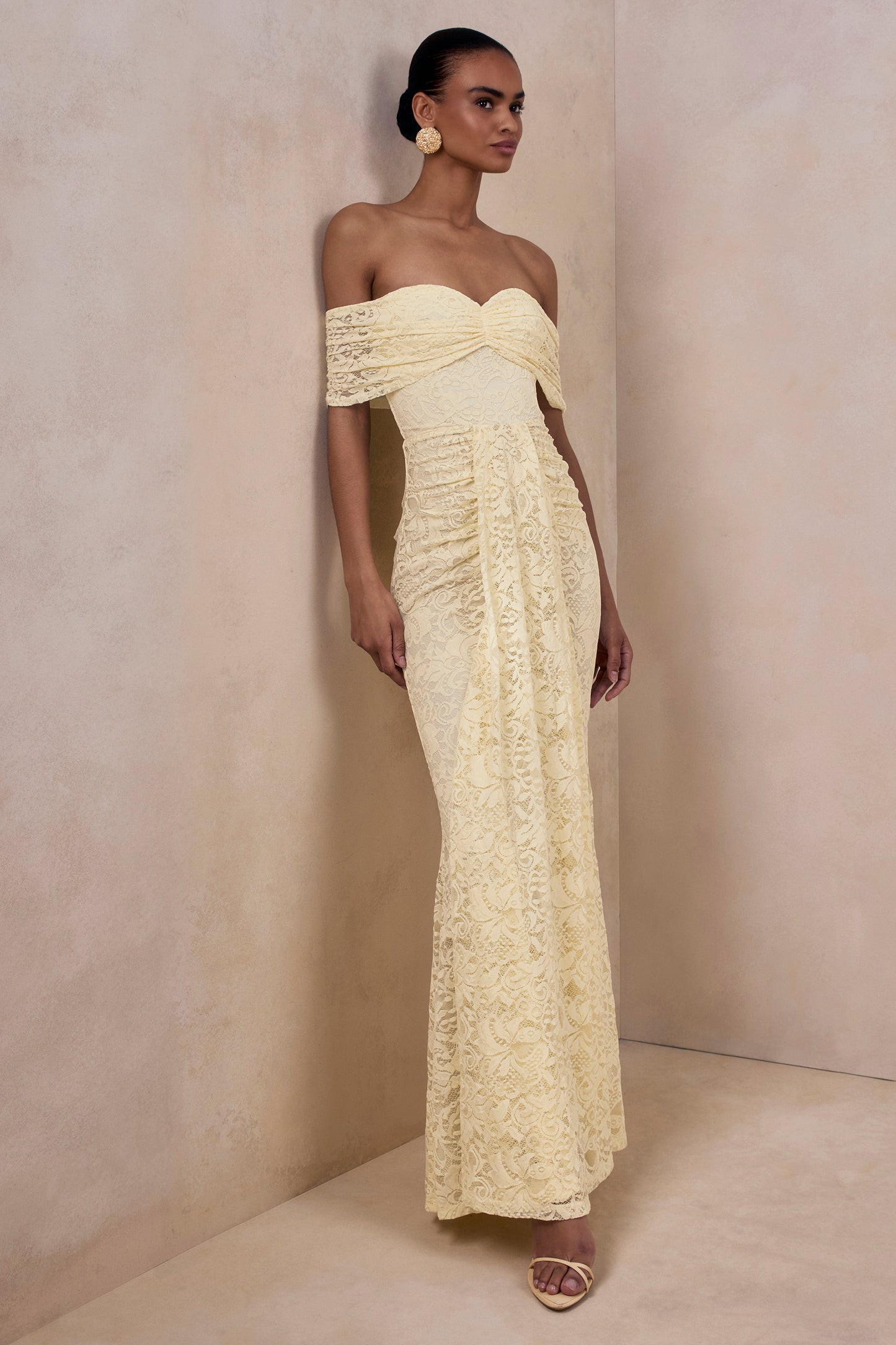 Aries | Lemon Lace Bardot-Neck Maxi Dress With Gathered Detailing