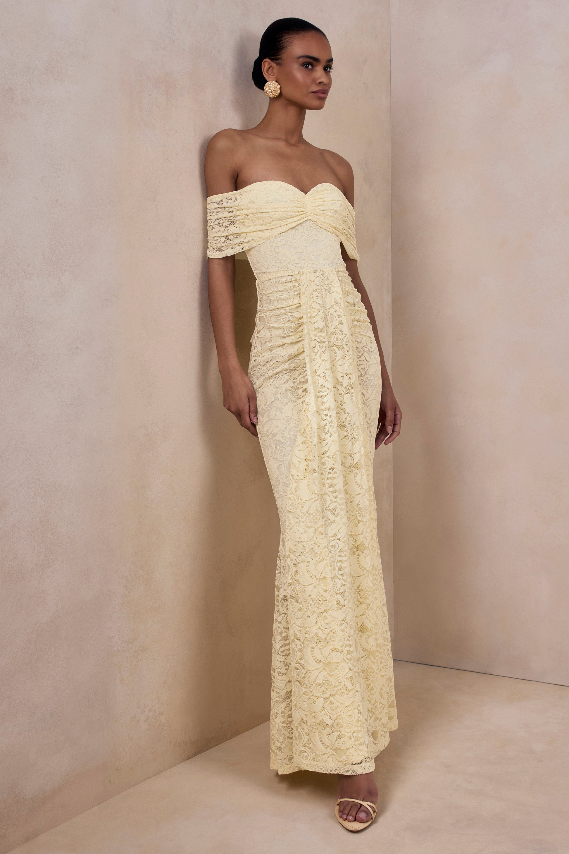 Aries | Lemon Lace Bardot-Neck Maxi Dress With Gathered Detailing