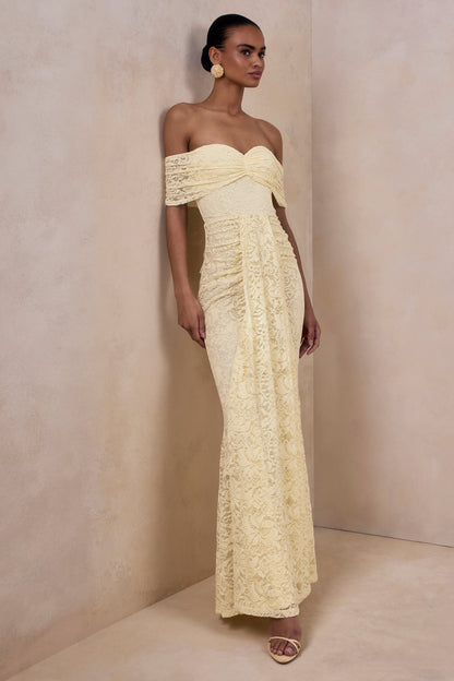 Aries | Lemon Lace Bardot-Neck Maxi Dress With Gathered Detailing