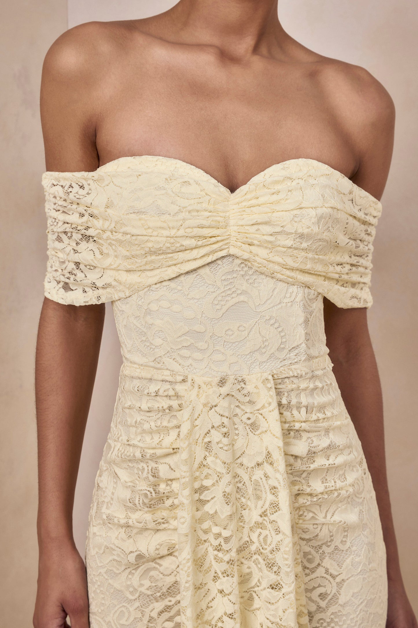 Aries | Lemon Lace Bardot-Neck Maxi Dress With Gathered Detailing