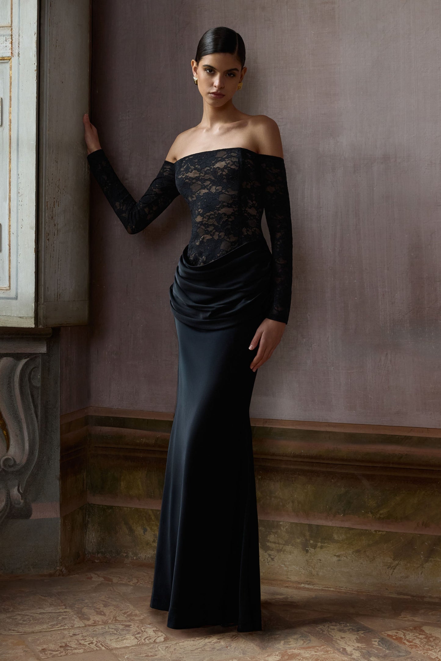 Rinna | Black Lace And Satin Bardot-Neck Maxi Dress