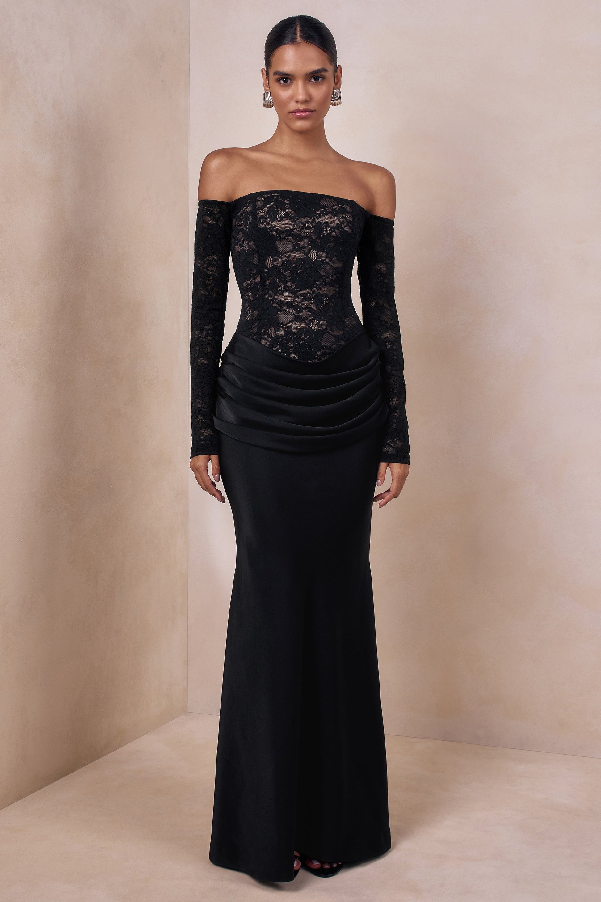 Rinna | Black Lace And Satin Bardot-Neck Maxi Dress