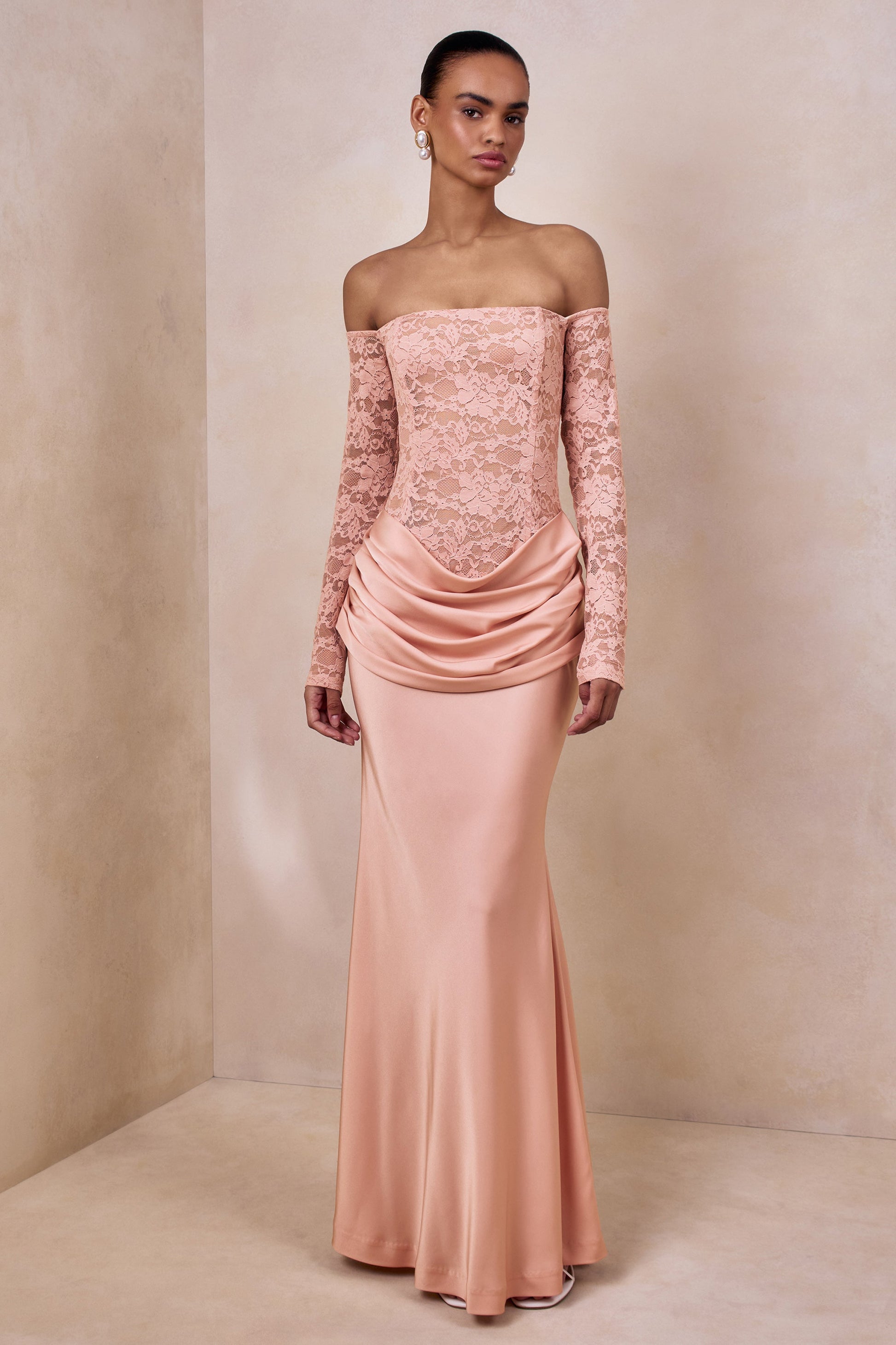 Rinna | Pink Lace And Satin Bardot-Neck Maxi Dress
