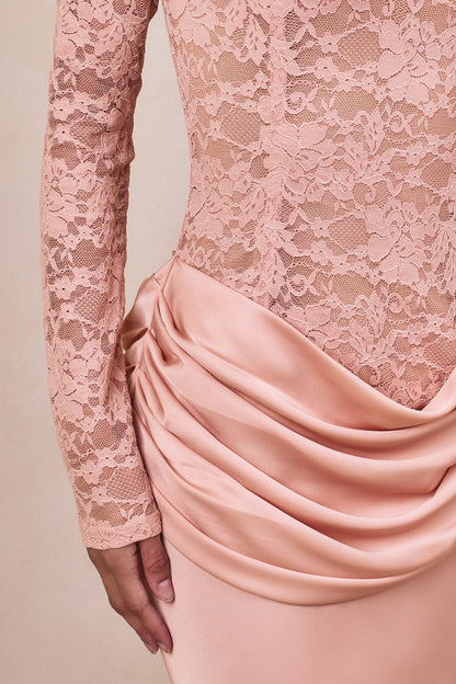 Rinna | Pink Lace And Satin Bardot-Neck Maxi Dress