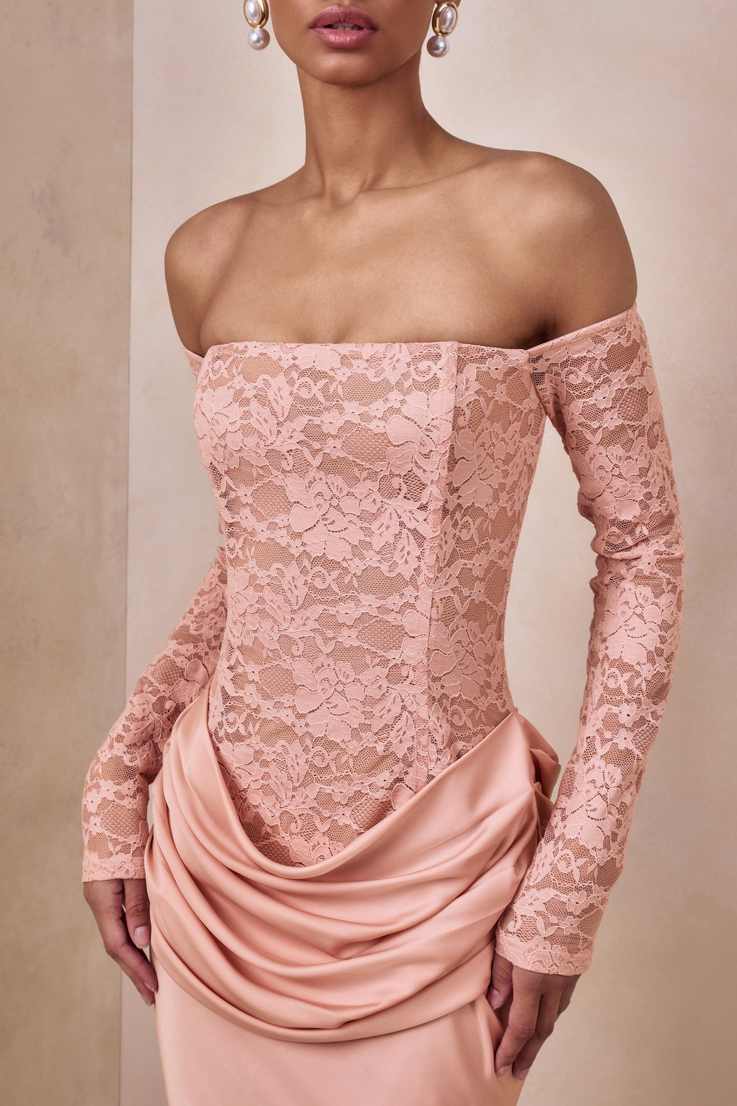 Rinna | Pink Lace And Satin Bardot-Neck Maxi Dress