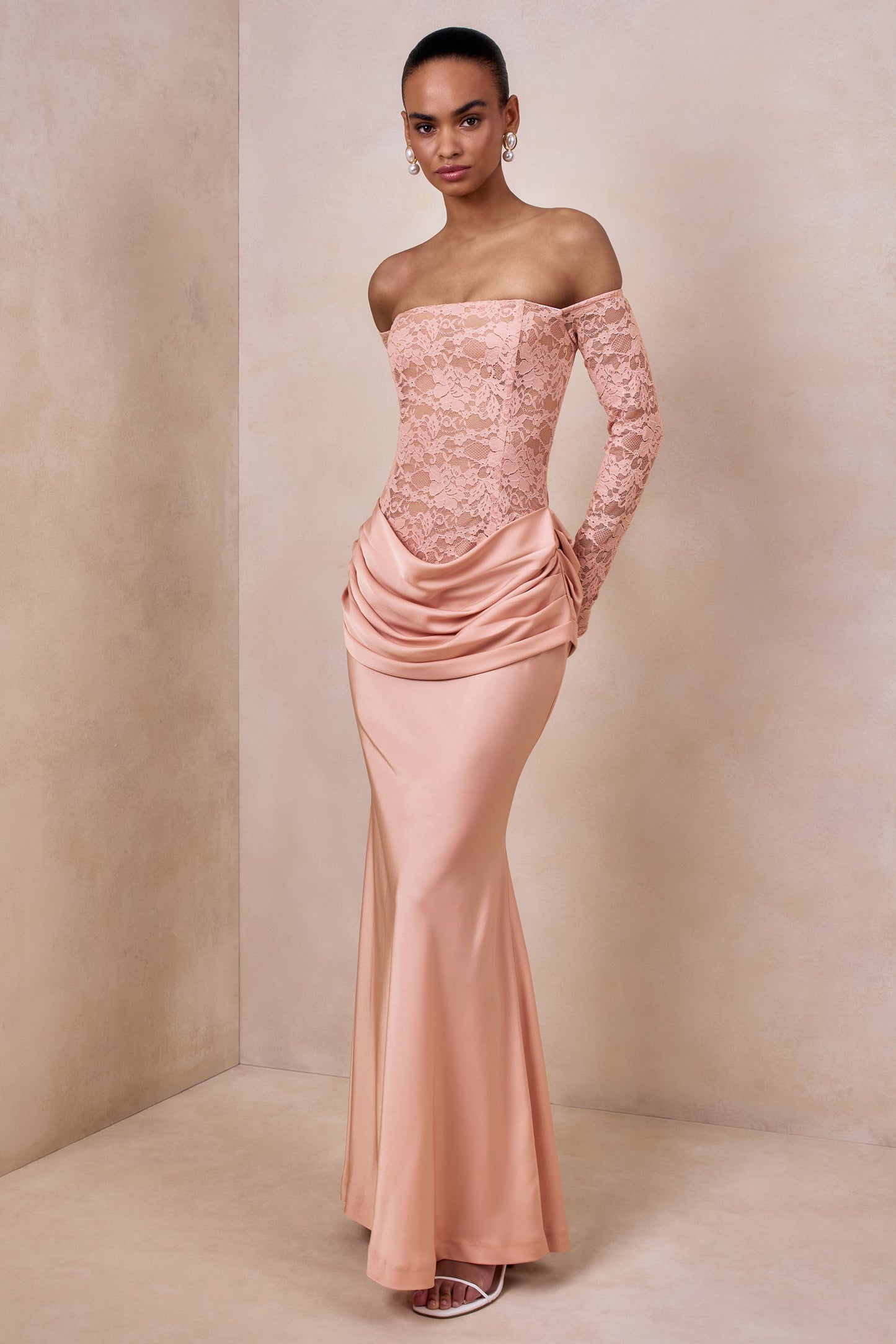 Rinna | Pink Lace And Satin Bardot-Neck Maxi Dress
