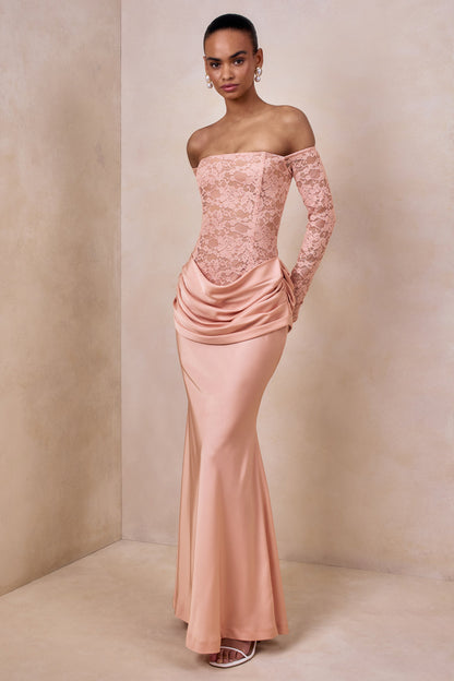 Rinna | Pink Lace And Satin Bardot-Neck Maxi Dress