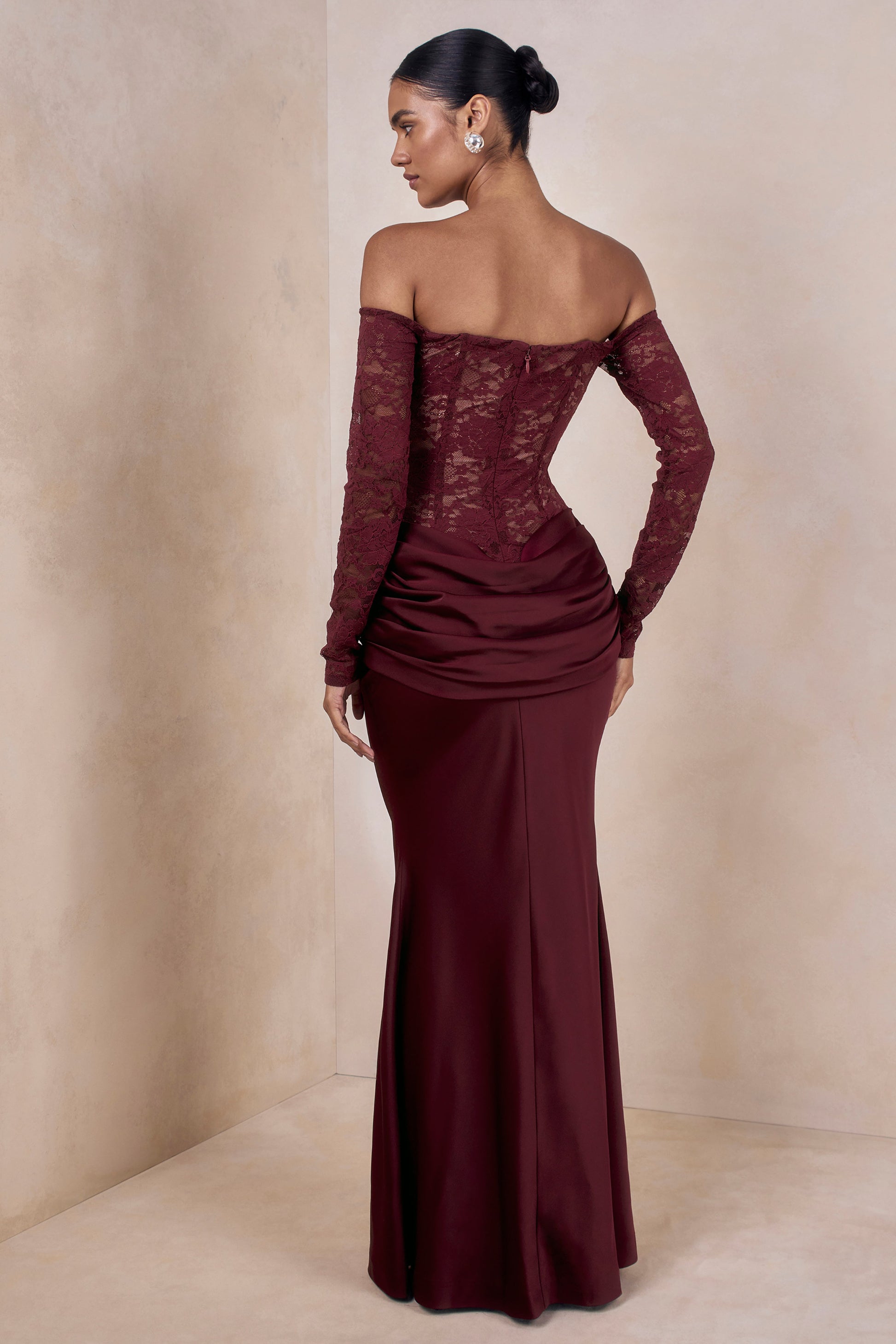 Rinna | Burgundy Lace Bardot-Neck Maxi Dress