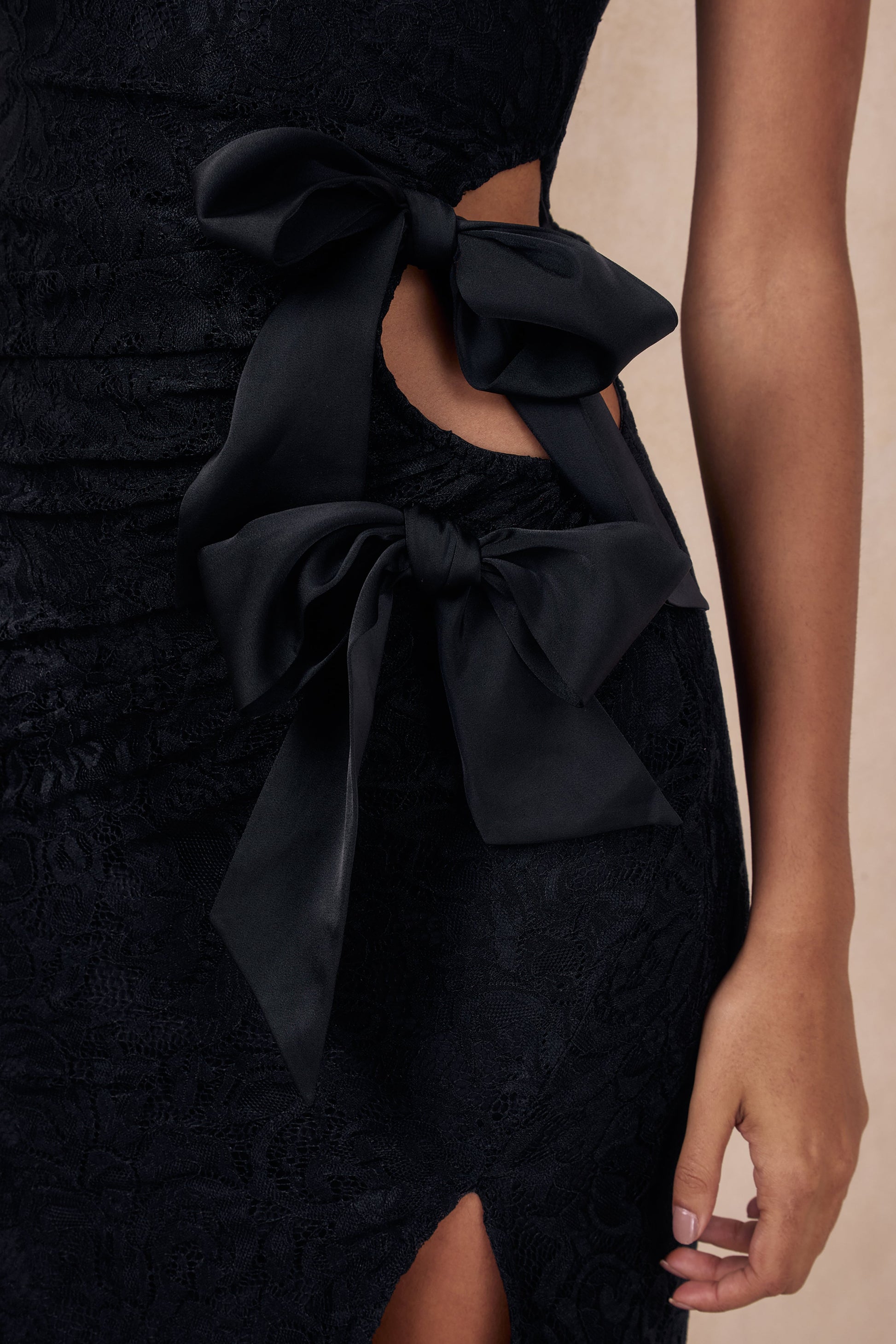 Norna | Black Lace Asymmetric-Neck Maxi Dress With Cut-Out And Bow Details