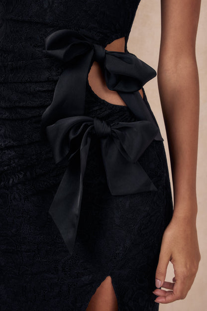 Norna | Black Lace Asymmetric-Neck Maxi Dress With Cut-Out And Bow Details