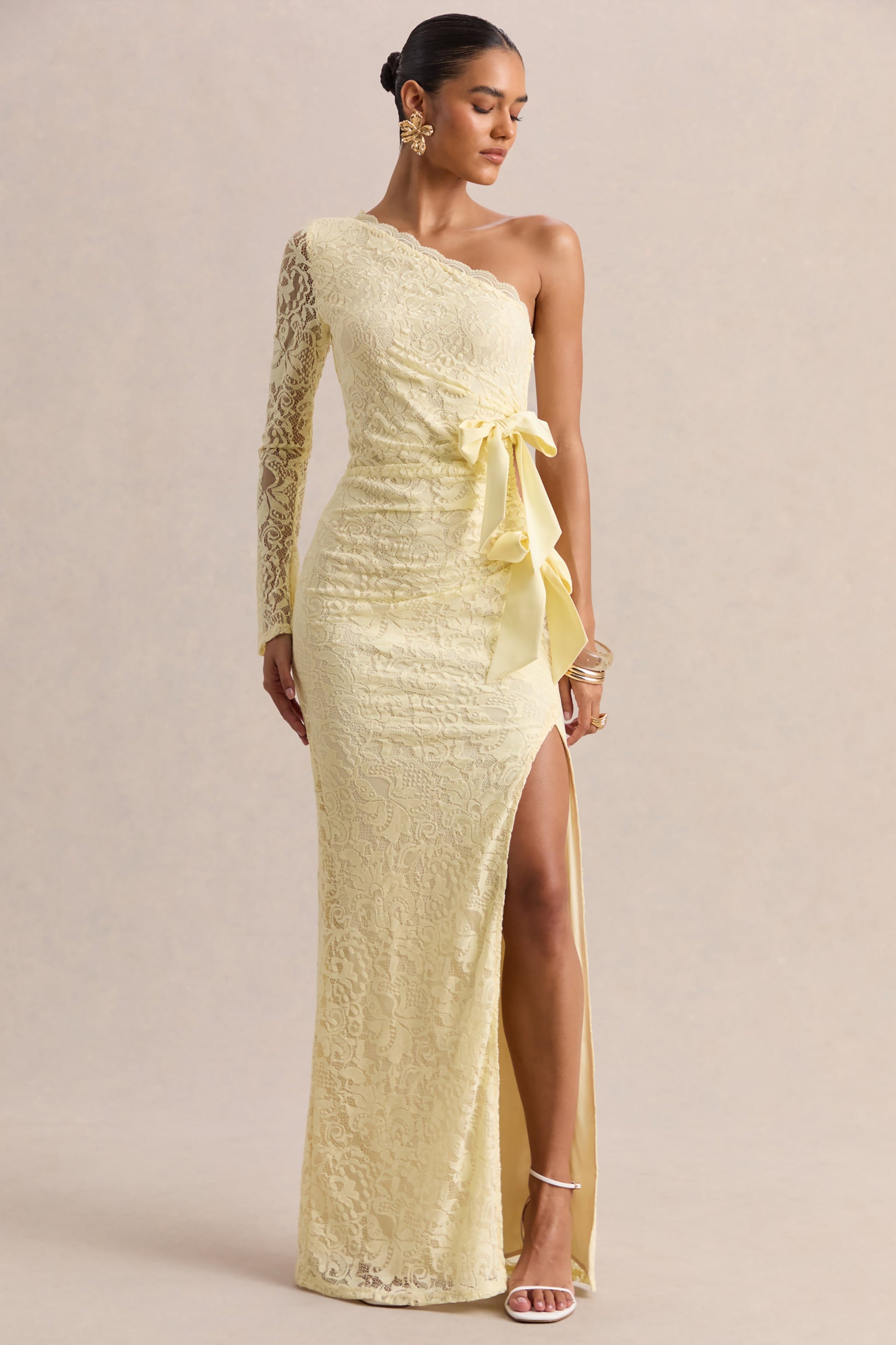 Norna | Lemon Lace Asymmetric-Neck Maxi Dress With Cut-Out And Bow Details